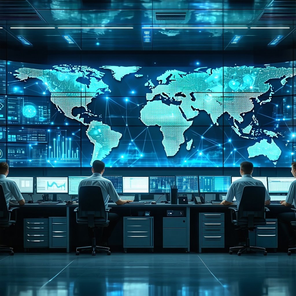 The image depicts a modern hightech control room filled with large screens displaying realtime data and network activity In the foreground several focused technicians monitor the screens analyzing graphs and alerts related to government network opera